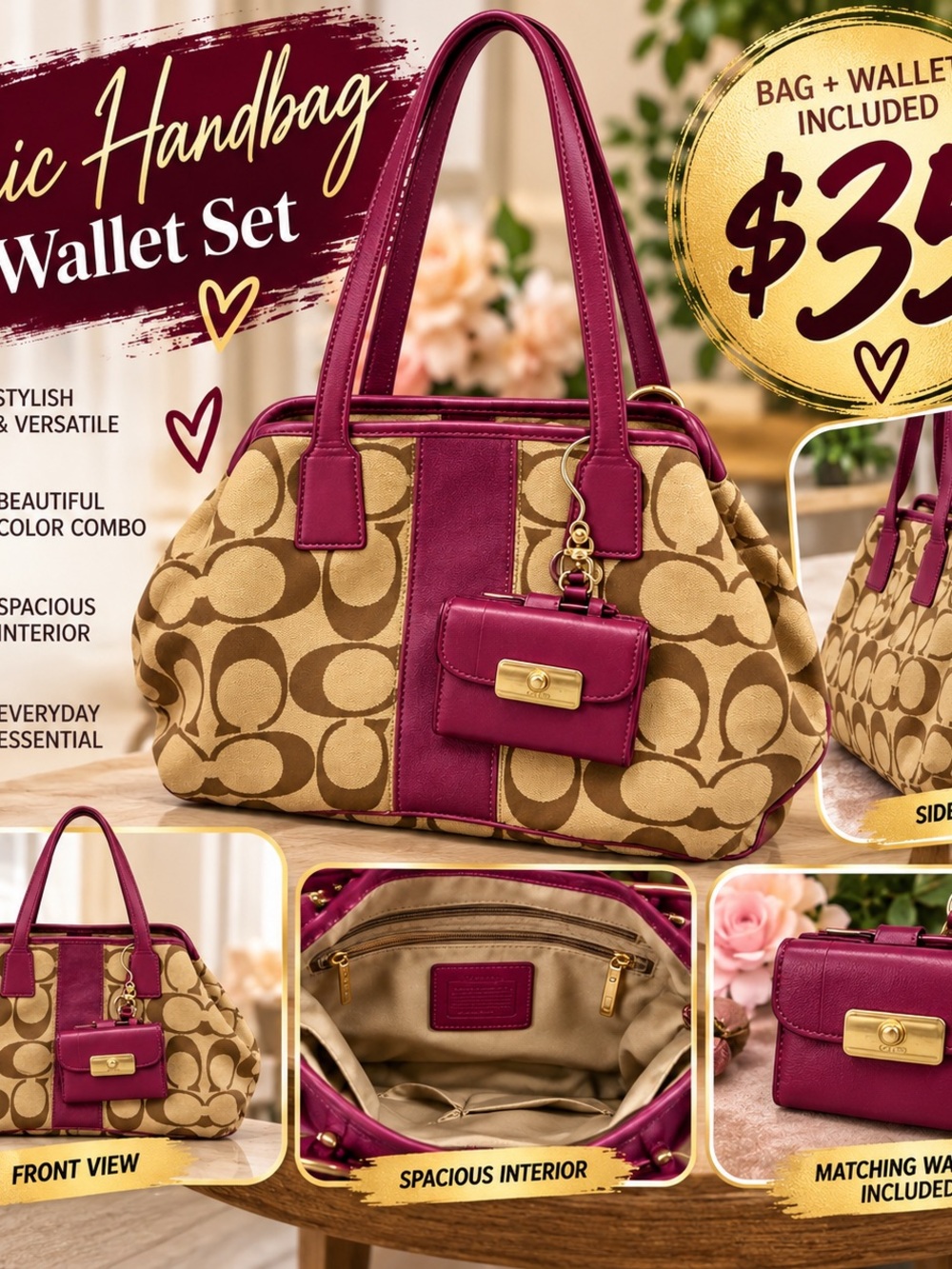 Designer-Style Tan & Berry Women's Handbag with Matching Wallet